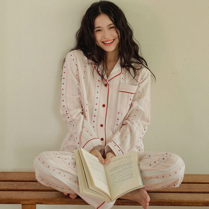 日式MUEJ磨毛睡衣女甜美可爱加厚纯棉长袖宽松法兰绒家居服套装