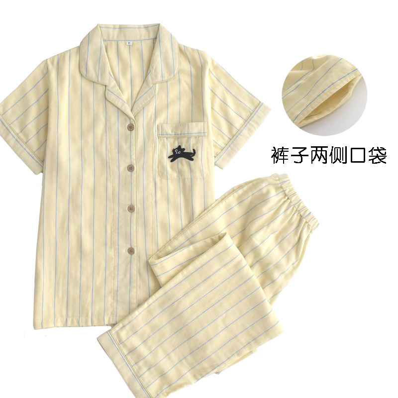 MUEJ夏季短袖睡衣女士日式纯棉双层纱布刺绣情侣家居服套装男
