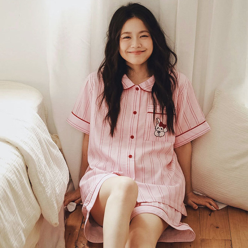 MUEJ无印弍娃娃领睡衣少女夏季全棉纱布卡通家居服纯棉短袖套装