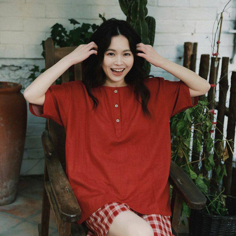 MUEJ无印弍睡衣女本命年夏季短袖短裤可外穿大红色纯棉家居服大码