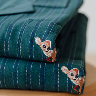 MUEJ日式睡衣男女士春秋纯棉磨毛绒布刺绣条纹法兰绒家居服套装冬