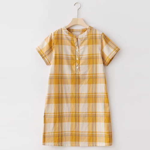 MUEJ无印弍睡裙女纯棉纱布夏短袖睡衣格子大码宽松家居服可外穿