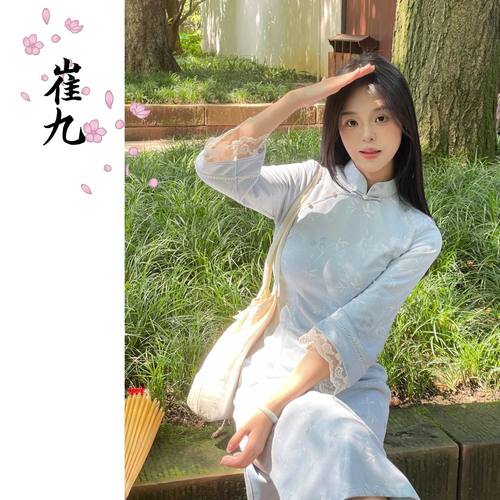 EACH崔九【清亭】新中式国风改良旗袍少女蓝色黄色纯色秋款连衣裙