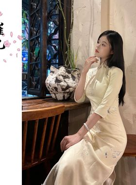 EACH崔九【白玉蝶】秋冬款中袖新中式改良旗袍早秋款少女白连衣裙