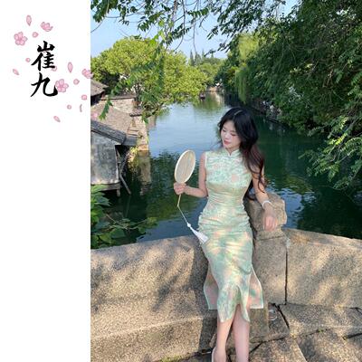 EACH崔九【绿绫罗】绝美新中式改良旗袍撞色无袖修身显瘦连衣裙