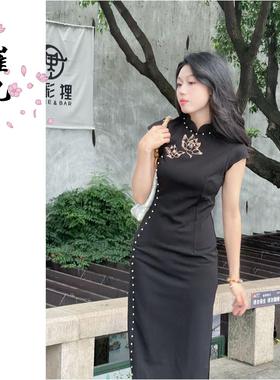 EACH崔九【莲说】新中式改良旗袍连衣裙女夏季黑色国风气质长裙