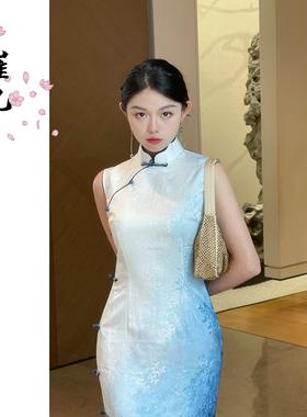 EACH崔九【蓝瓷】新中式改良旗袍女蓝色渐变无袖夏季气质连衣裙