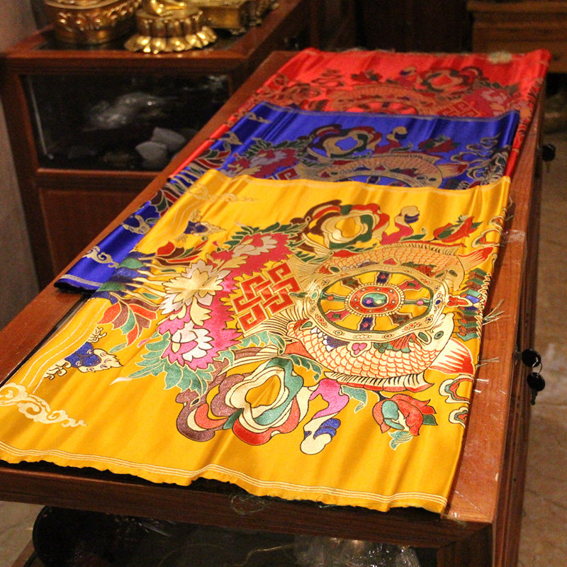 藏式布料八吉祥十相自在图案八宝总汇门帘桌布居家寺院佛堂装饰布