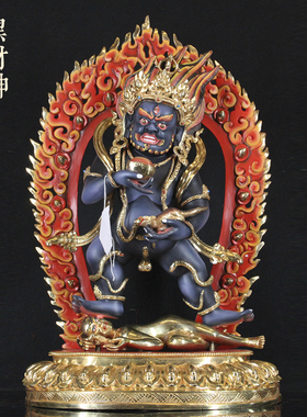 藏传尼泊尔纯手工铜鎏金彩绘西藏密宗黑财神佛像铜像客厅摆件50cm