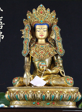 尼泊尔释迦族纯手工觉悟佛紫铜鎏金镶嵌宝石释迦摩尼家用摆件1尺