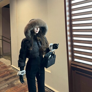 连帽超好看大毛领小个子收腰 2025年新款 M900黑色羽绒服女短款 冬季