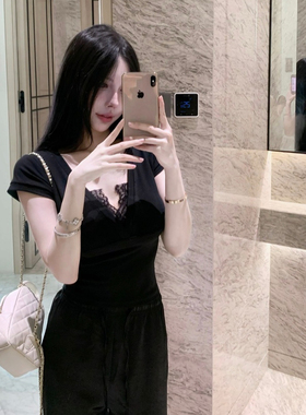 M900黑色上衣短袖t恤女2026新款正肩设计感小个子短款辣妹体恤夏