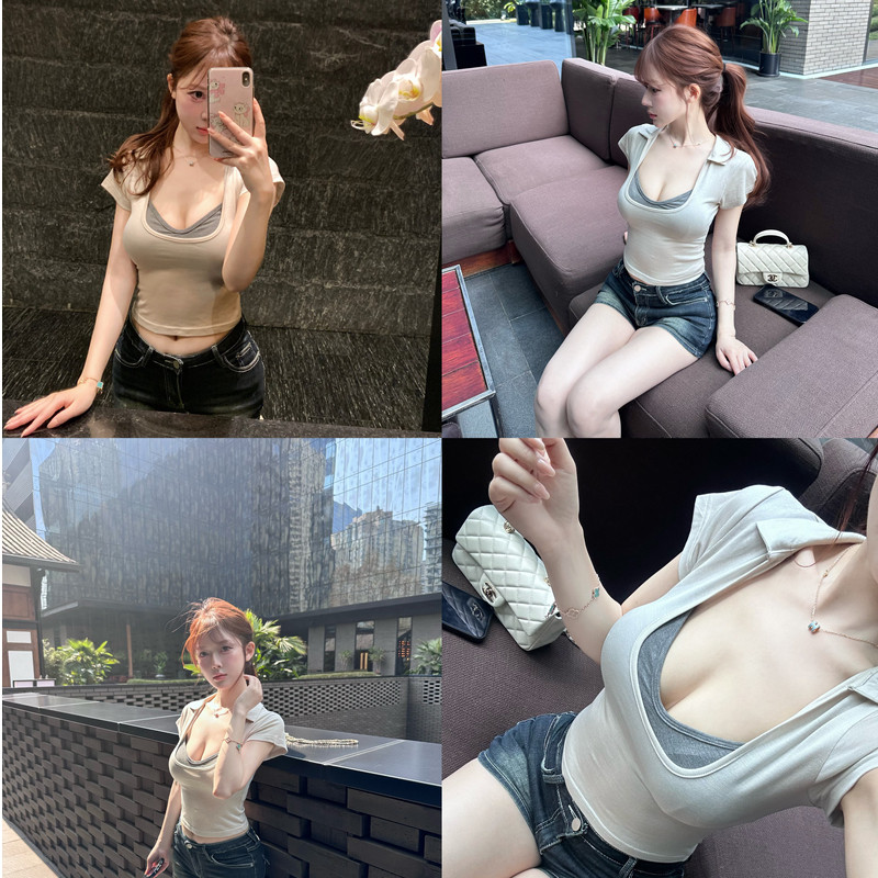 M900T恤女2026新款春秋款U型领口修身显瘦短袖打底背心两件套上衣