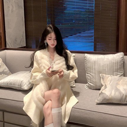 M900毛针织开衫外套女2024新款中长款大衣小个子秋冬百搭狐狸毛领