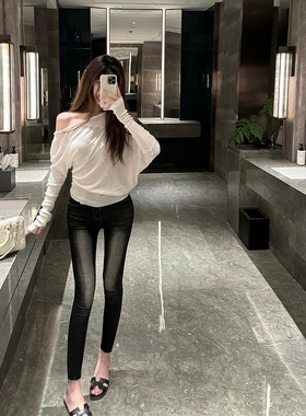 M900牛仔裤女夏天薄款高腰2026新款裤子黑色九分裤复古小个子紧身