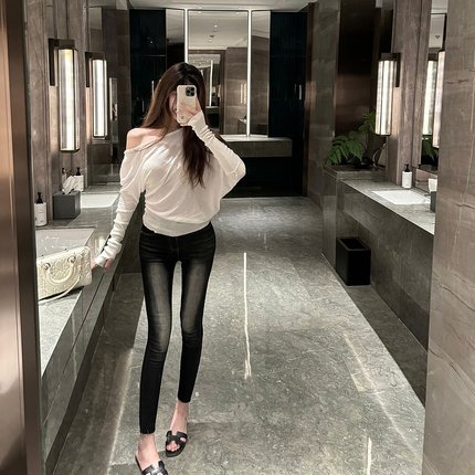 M900牛仔裤女夏天薄款高腰2025新款裤子黑色九分裤复古小个子紧身