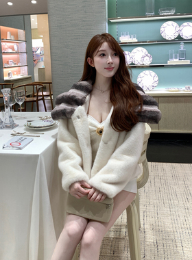 M900短外套女冬环保毛白色毛绒皮草大衣水貂毛领轻奢气质显瘦上衣