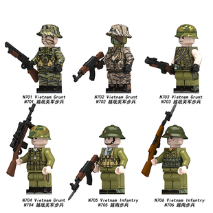 N701 706越战美军事北越士兵积木人仔武器配件迷彩头盔小颗粒玩具