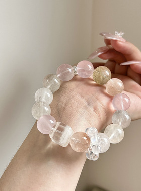 可爱天然兔毛莫粉金发晶雪花幽灵手链女生大颗粒个性兔子串珠