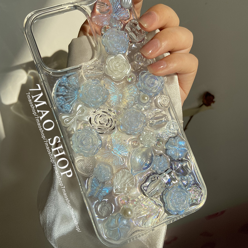 蓝银玫瑰蝶花适用苹果手机壳