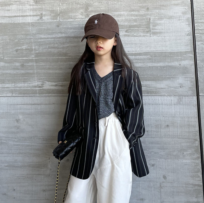 豆丁奇遇儿童西服外套洋气春装条纹上衣帅气女中长款休闲中大童