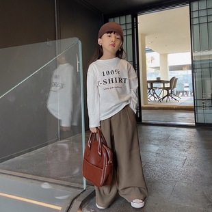 豆丁韩国儿童个性长袖白色宽松t恤女纯棉春秋洋气韩版潮INS打底衫