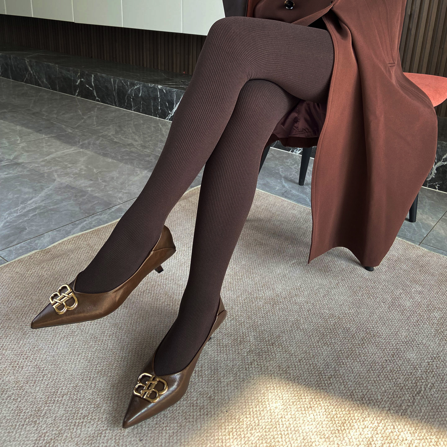 秋冬160D竖条纹显瘦打底袜微压美拉德咖色时尚打底美腿气质连裤袜