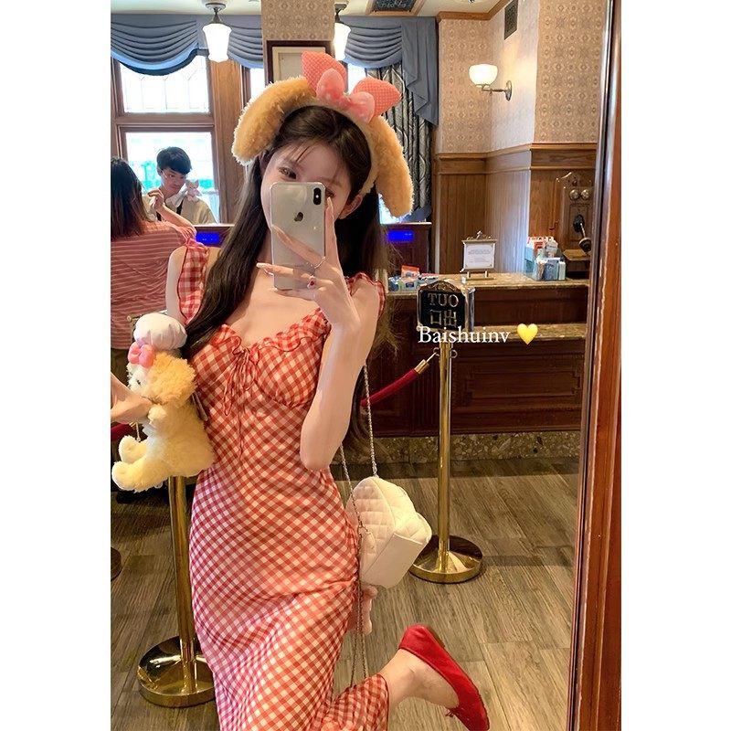 【原版做法＋内里】甜美法式红色格子吊带连衣裙子女度假风鱼尾长