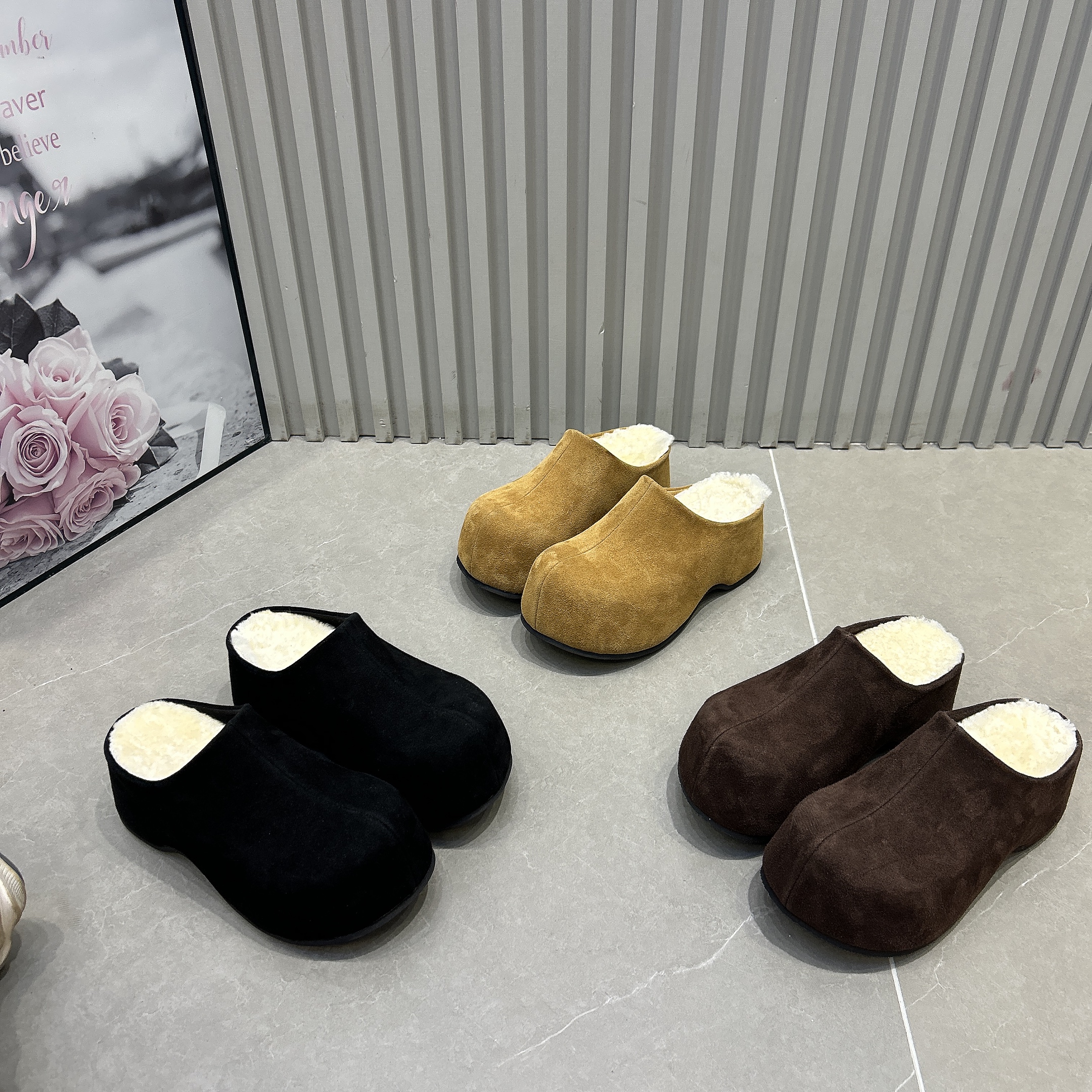 磨砂皮包头拖鞋毛毛垫2025新款勃肯鞋女厚底松糕一脚蹬懒人鞋半拖