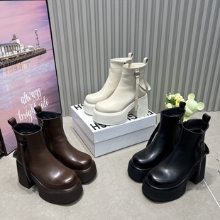后飘带切尔西靴女2025新款 真皮厚底9cm粗跟增高显瘦英伦马丁靴棉