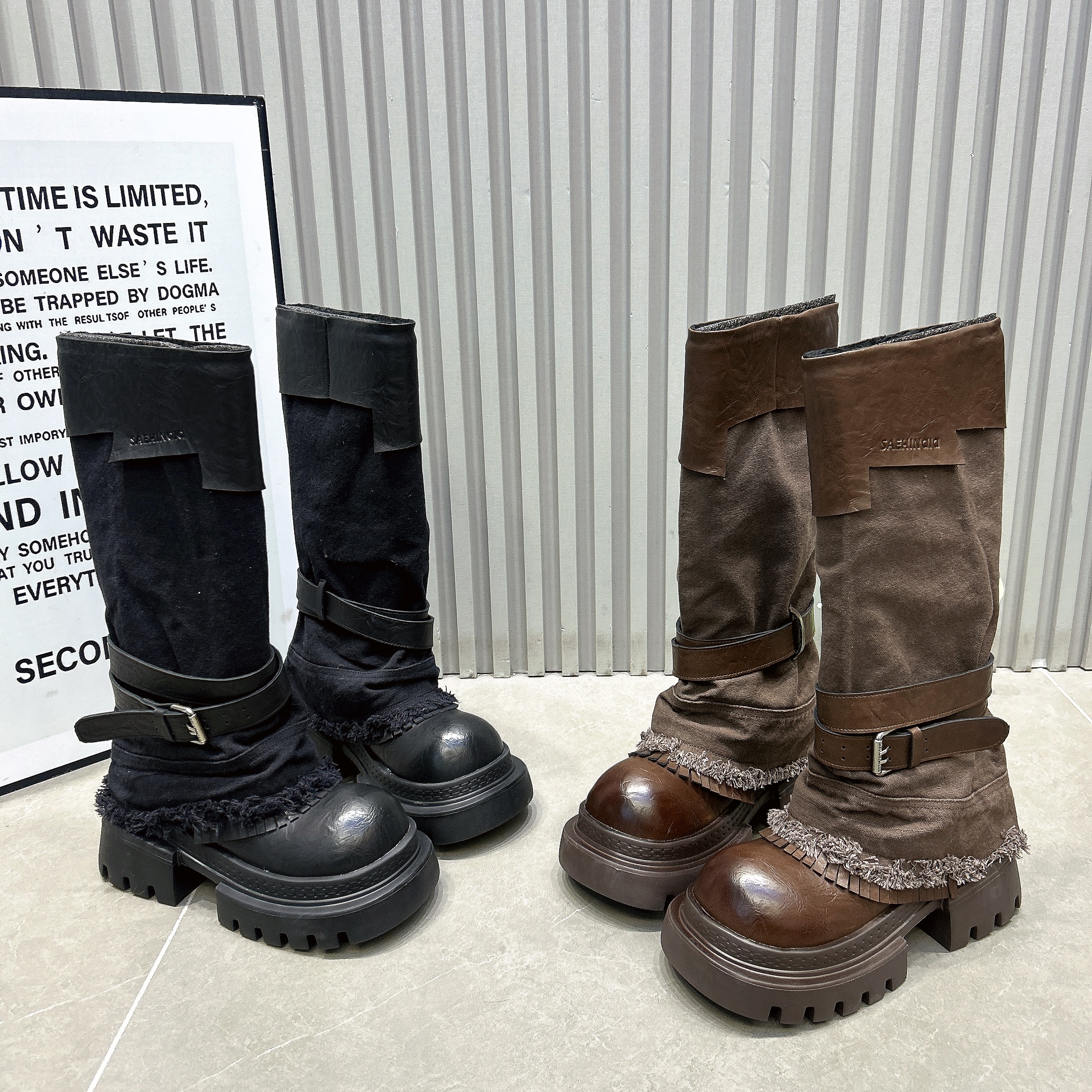 抖音爆款冬新款牛仔流苏皮带扣7cm厚底裤管靴ins加绒套筒高靴长靴