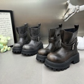 复古骑士靴女2025秋新款 西部牛仔短靴皮带扣厚底机车靴时尚 马丁靴