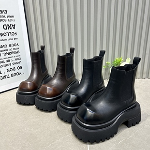 2025新款秋冬加绒大头鹅头厚底松糕马丁靴女靴短筒套筒增高烟筒靴