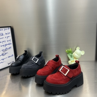 红色磨砂皮尖头小个子厚底增高圆头金属扣带小皮鞋女英伦风乐福鞋