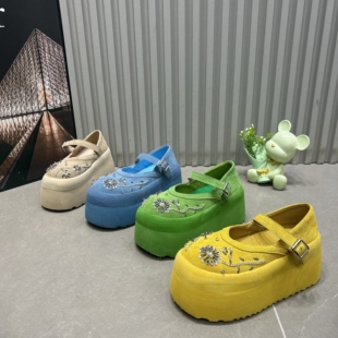 重工串珠玛丽珍鞋2026新款真皮8cm厚底松糕鞋女鞋小个子增高休闲