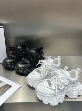 欧货真皮压花绑带松糕厚底老爹鞋女小个子增高水钻条休闲运动鞋潮