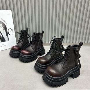 欧货真皮擦色松糕7CM厚底大头马丁靴女靴飘带短靴百搭小个子增高