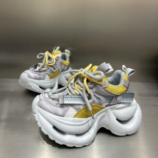 欧货擦色做旧系带拼色7cm厚底老爹鞋 运动小个子超高跟悬空底女鞋