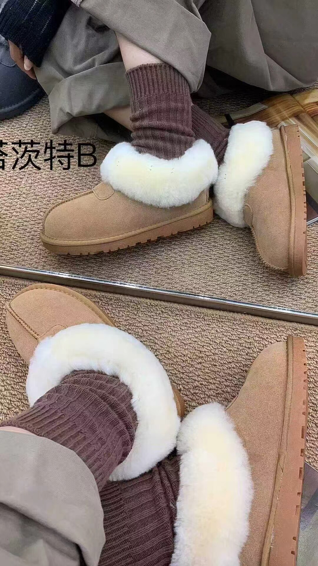 塔茨特雪地靴女款真皮羊毛口及踝裸靴短筒平底加绒加厚保暖冬季
