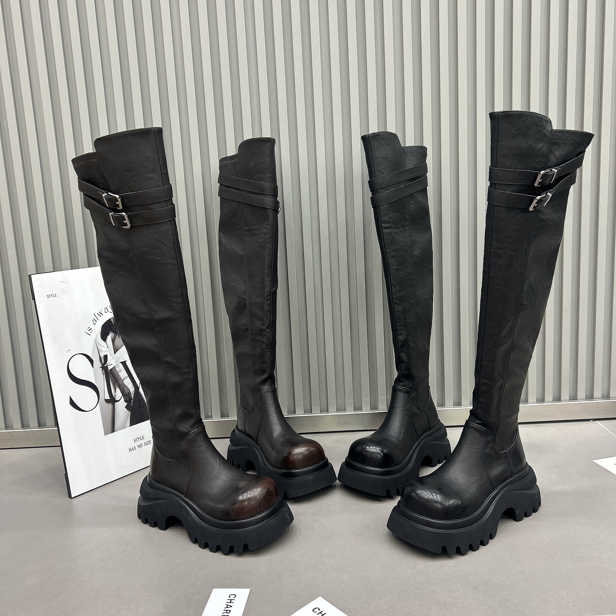 过膝长筒靴厚底增高马丁靴女英伦风小个显腿长百搭休闲皮带扣长靴