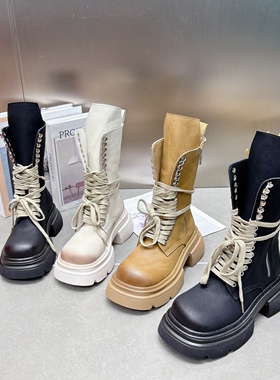 欧洲站2025秋季新款中筒马丁靴厚底松糕系带圆头真皮大黄靴短靴女