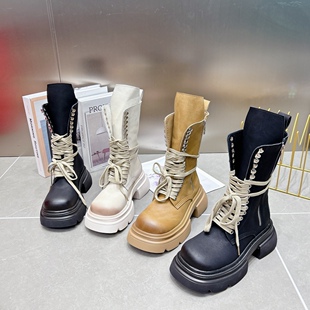 欧洲站2025秋季新款中筒马丁靴厚底松糕系带圆头真皮大黄靴短靴女