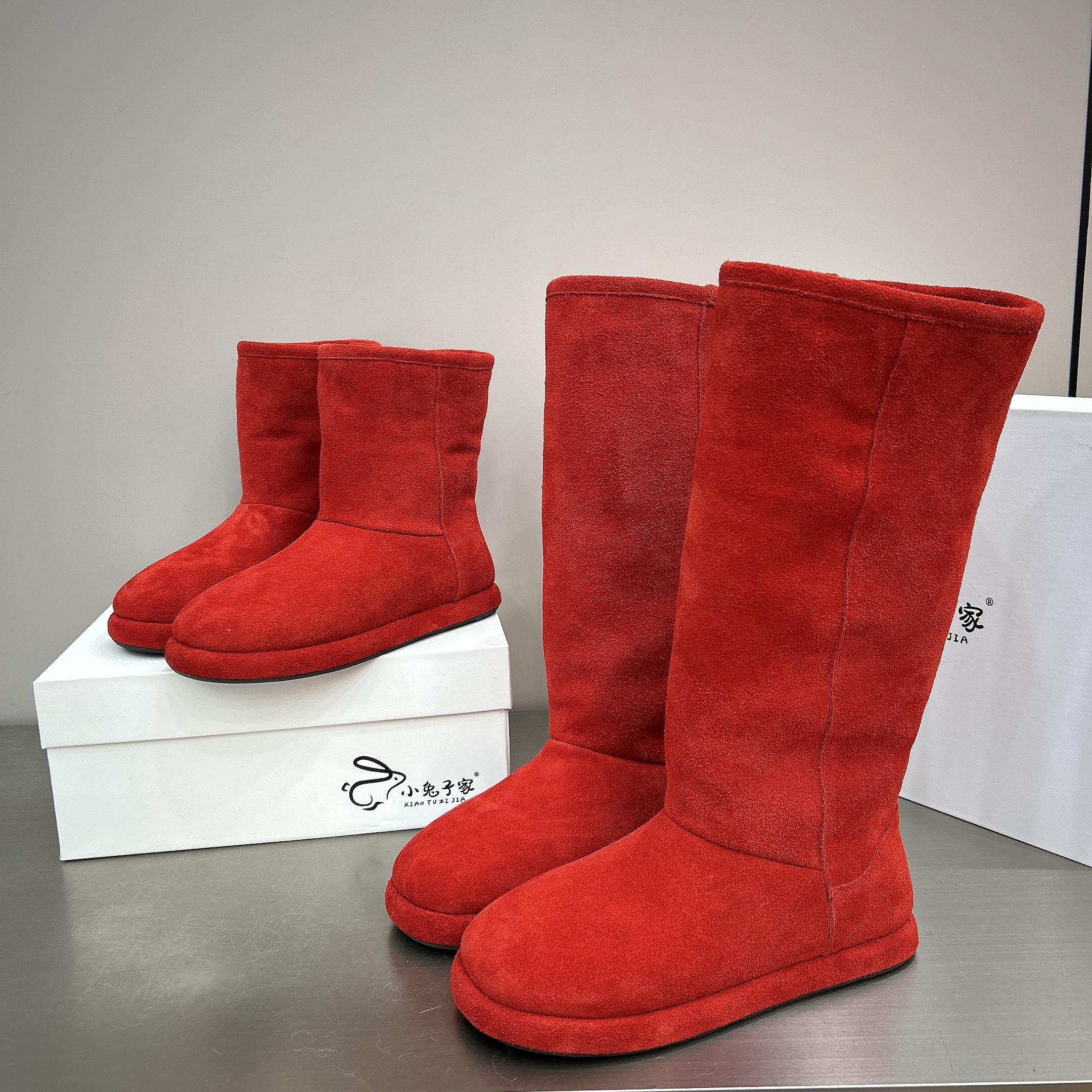 抖音热门欧货爆款新年红长筒雪地靴女真皮高筒平底保暖棉鞋两穿款