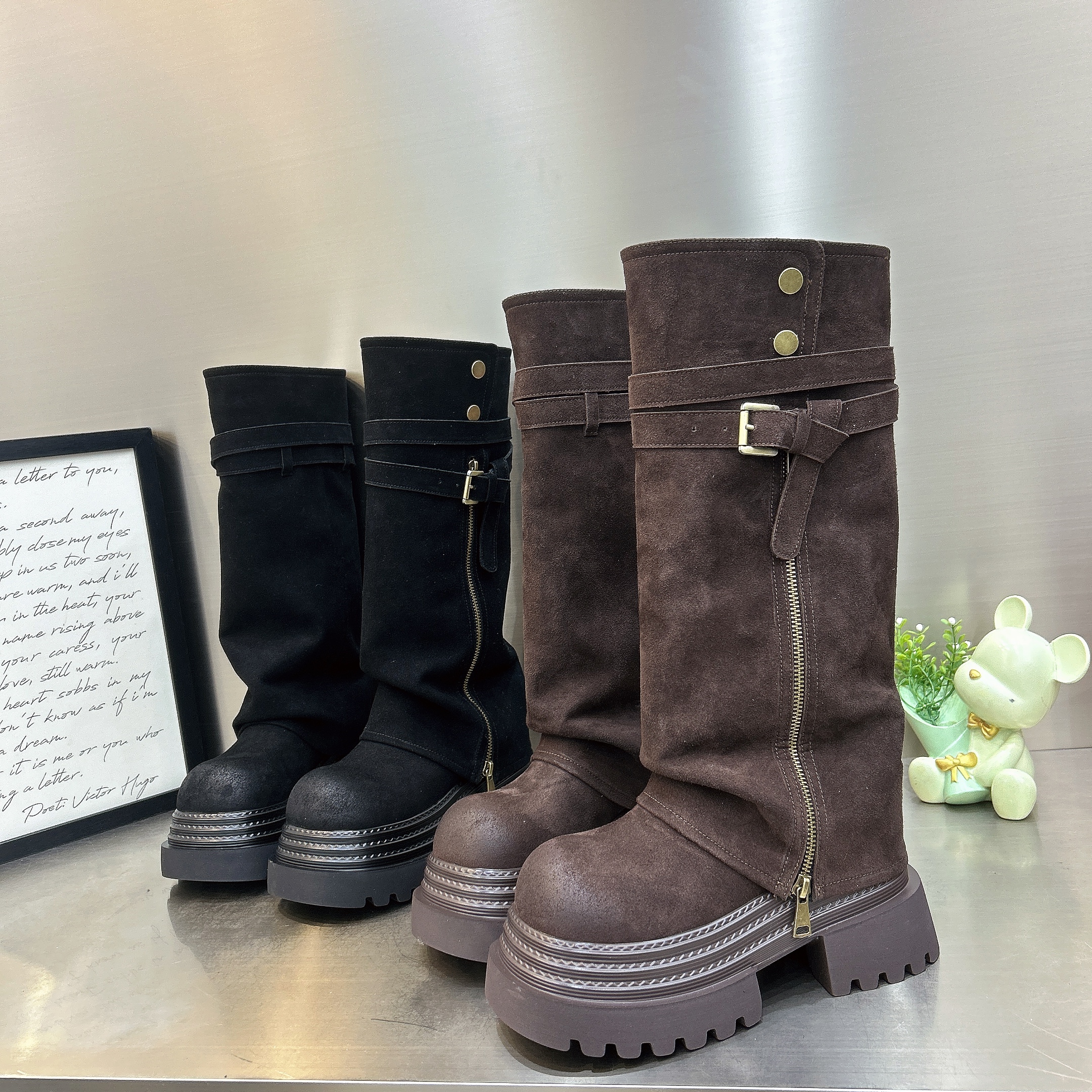 欧洲站厚底增高不过膝长靴女2025年新款加绒款裤管靴骑士靴长筒靴