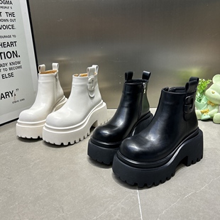 8CM粗跟厚底增高马丁靴女2025年新款 小短靴炸街切尔西烟筒靴加绒