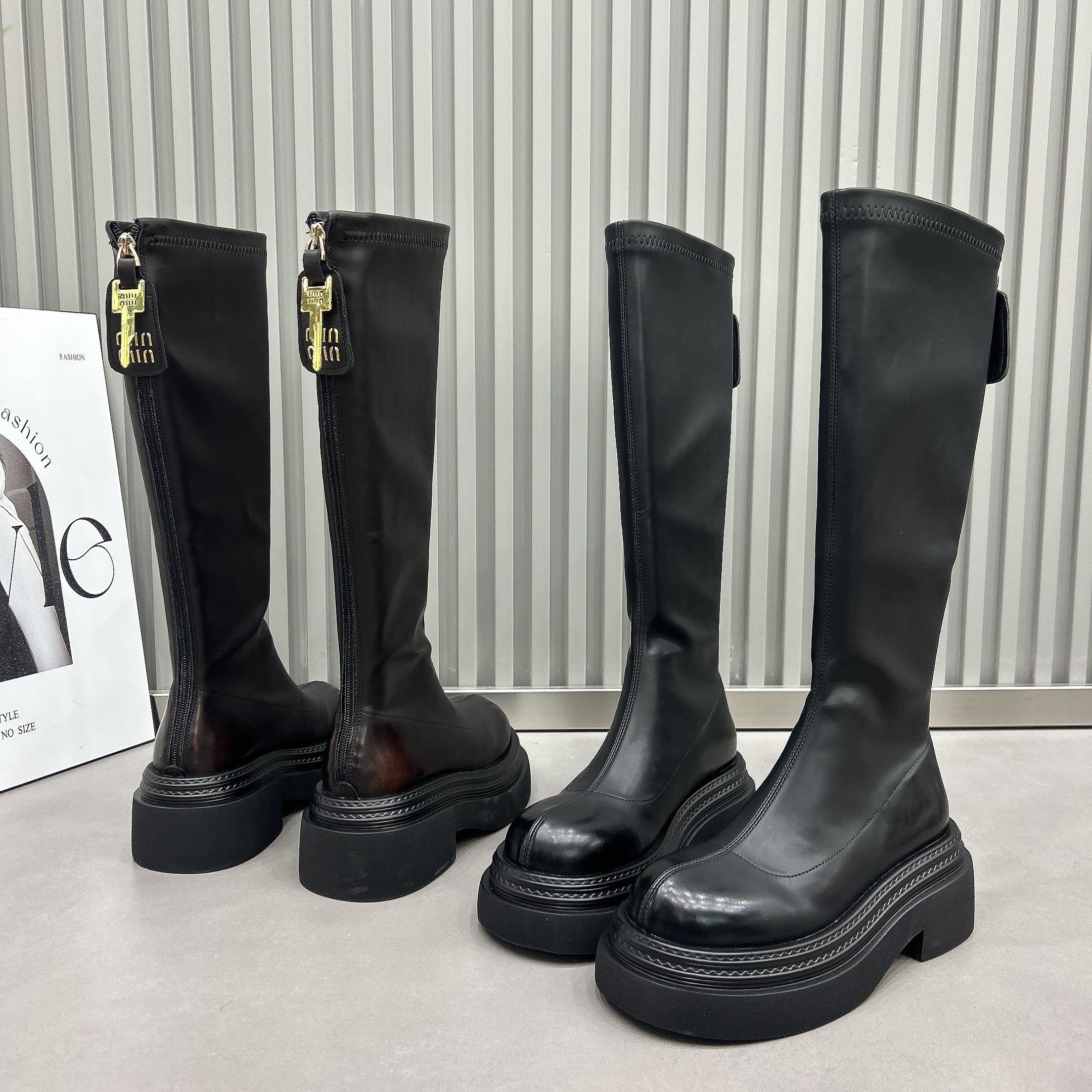 圆头马丁靴厚底松糕平底弹力靴瘦瘦靴不过膝靴机车长筒靴走秀女靴