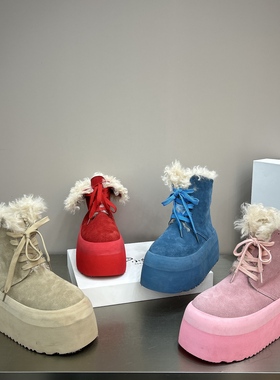 新年红色蓝色多巴胺磨砂皮加绒雪地靴女厚底系带厚绒防滑加绒棉鞋