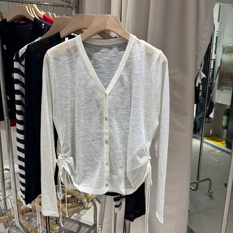 白色V领防晒罩衫女针织长袖显瘦开衫女潮夏季减龄抽绳新款薄款T恤