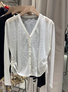 白色V领防晒罩衫女针织长袖显瘦开衫女潮夏季减龄抽绳新款薄款T恤