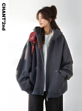 美式连帽灰色衣外套女春高级感宽松慵懒chci百搭休秋AWT737闲拉卫